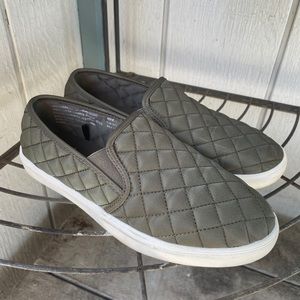 Olive Green Quilted Memory Foam Slip On Sneakers